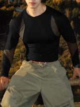 Men's Sheer Mesh Patchwork Long Sleeve T-shirt SKUL46211