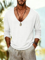 Men's Solid Color Textured Deep U Neck Long Sleeve T-shirt SKUL46286