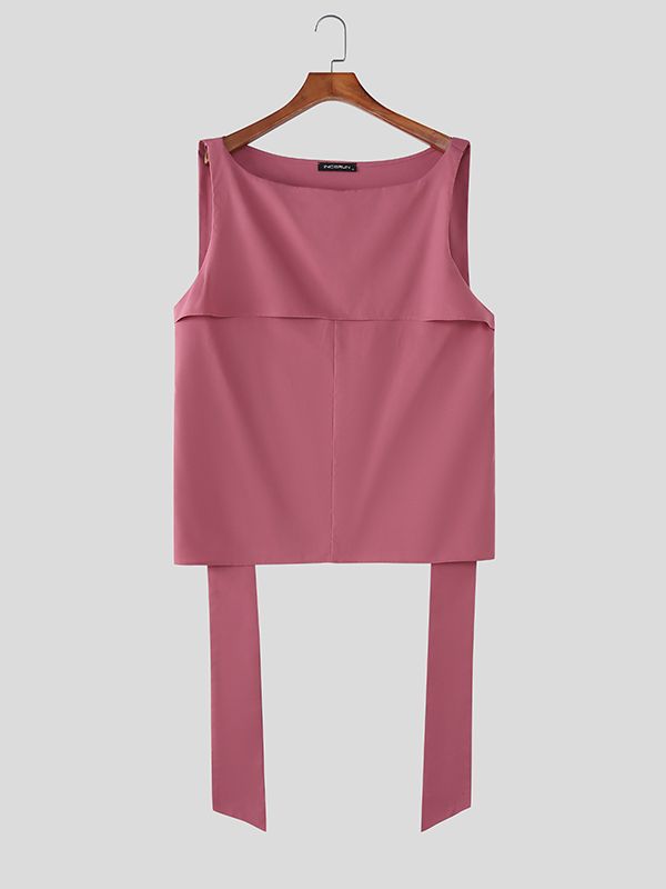 Men's Solid Color Ribbon Flap Off Shoulder Tank SKUL42647