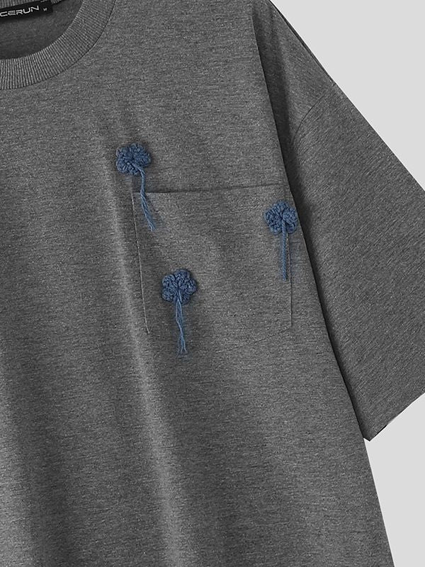 Men's Small Flower Embroidered Loose Short Sleeve T-Shirt SKUL38089