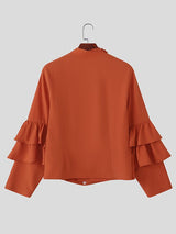 Men's Solid Drape Ruffled Patchwork Long Sleeve Shirt SKUL38916