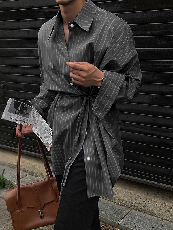 Men's Striped Waist Drawstring Long Sleeve Shirt SKUL32844