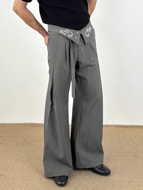 Men's Striped Embroidered Wide Leg High Waist Pant SKUL31995