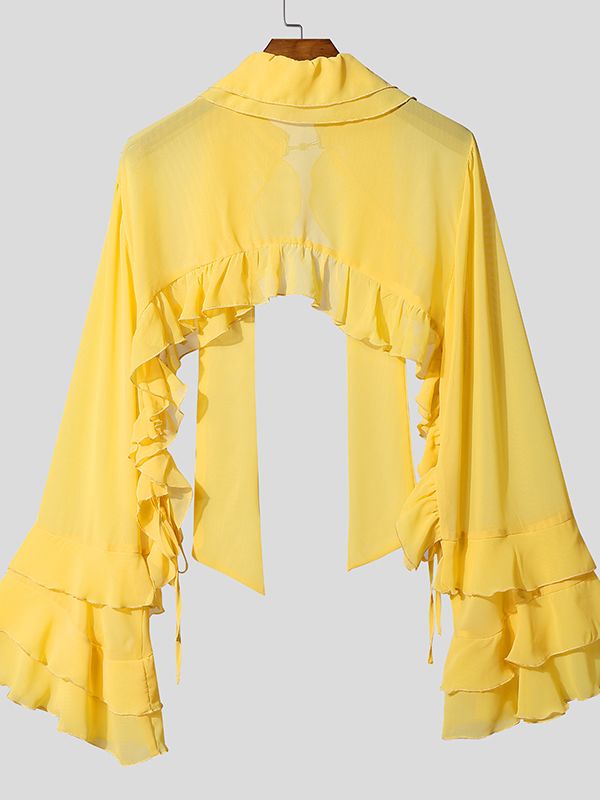 Men's Solid Color Ruffle Patchwork Cropped Cardigan SKUL43709