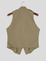 Men's Retro Stage Performance Military Frog Button Epaulet Pointed Hem Sleeveless Stand Collar Waistcoat SKUL84566