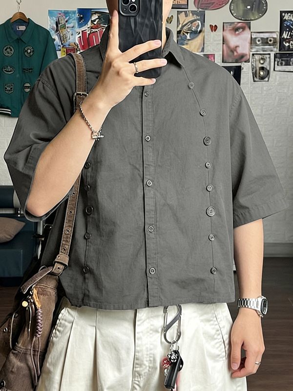 Men's Avant-Garde High Street Multi-Button Deconstructed Relaxed Short Sleeve Shirt SKUL60138
