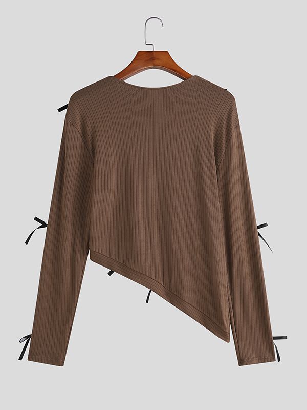 Men's Small Bow Patchwork Design Knit Textured Long Sleeve T-shirt SKUL43733