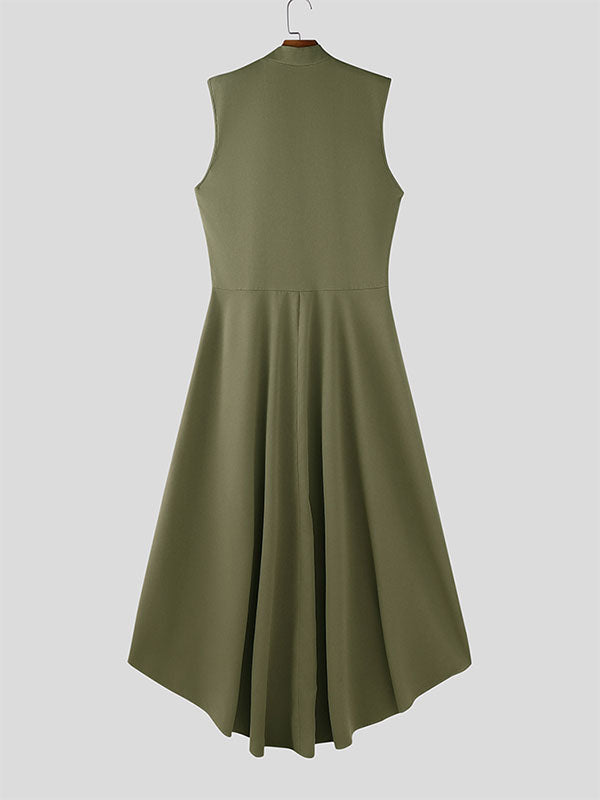 Mens Solid Color Ruffled Long Hem Sleeveless Waistcoat SKUL23716