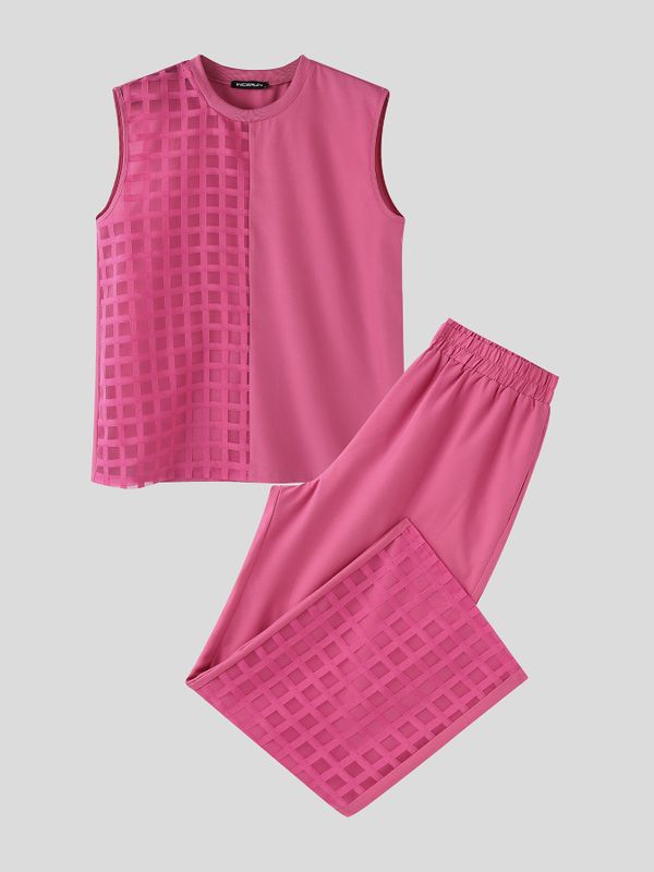 Men's Avant-Garde High Street Half-Sided Grid Hollow Cutout Two Pieces Outfit SKUL74797