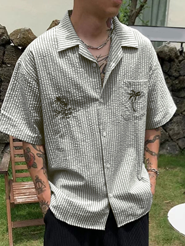 Men's Coconut Tree Embroidered Texture Short Sleeve Shirt SKUL15618