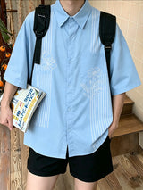 Men's Japanese Harajuku Style Clean Color-Block Vertical Stripe Floral Print Short Sleeve Shirt SKUL72759