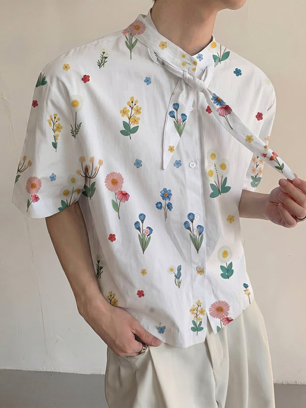 Men's French Romantic Pastoral Floral Print Short Sleeve Shirt SKUL73513