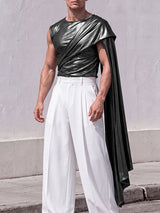 Men's Avant-Garde Glam Stage Runway Metallic Drape Cape One-Shoulder Tank SKUL82428