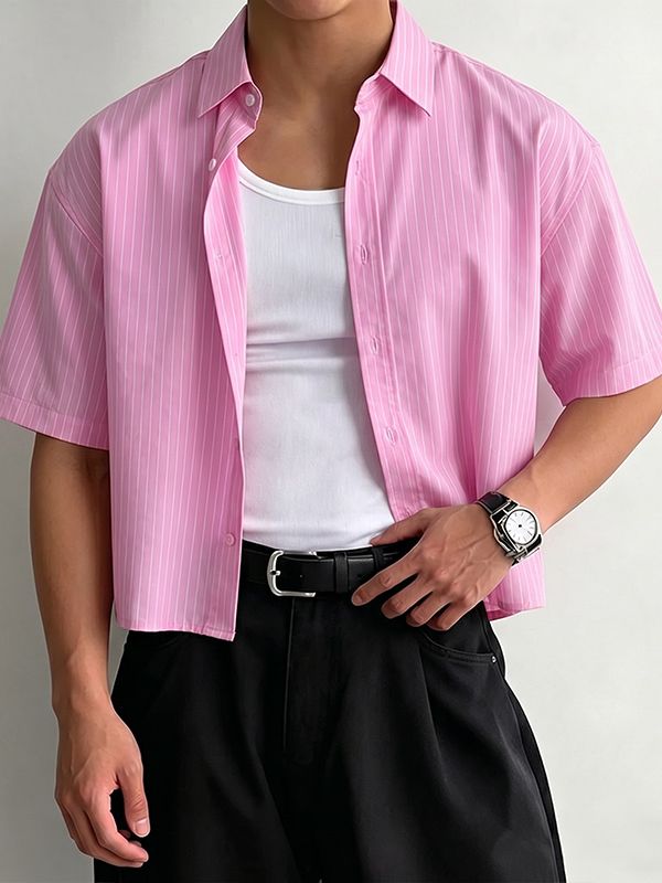 Men's Trendy Casual Lightweight Vertical Striped Boxy Cropped Short Sleeve Shirt SKUL68346