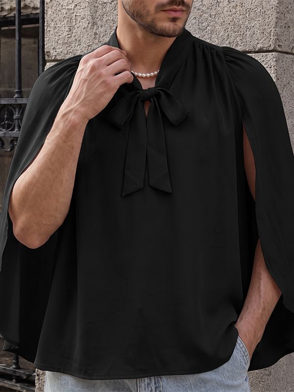 Men's Avant-Garde Romantic Flowy Cape Sleeve Tie-Neck Shirt SKUL76397