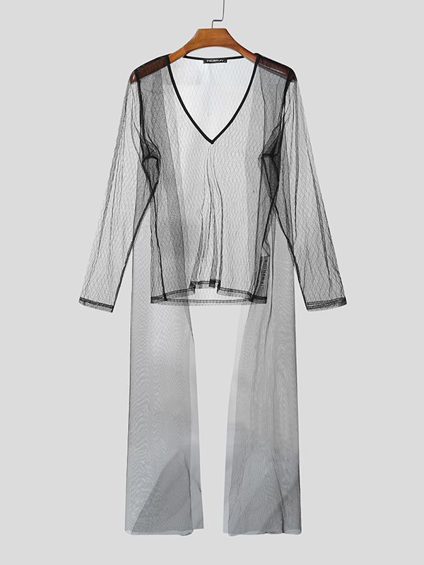 Men's Sheer Mesh V Neck Long Sleeve T-shirt SKUL46179