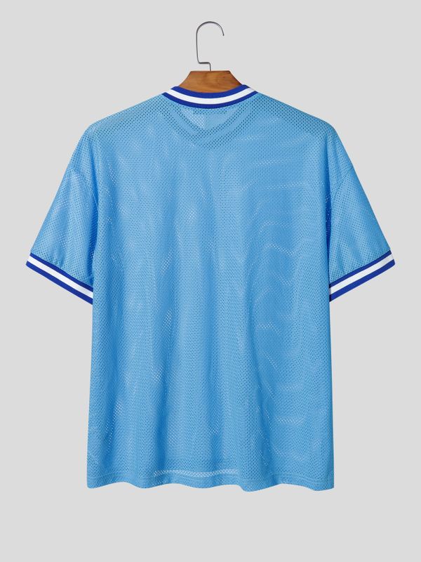 Men's Retro Athletic Mesh Breathable Contrast Striped Trim V-Neck T-shirt SKUL73695