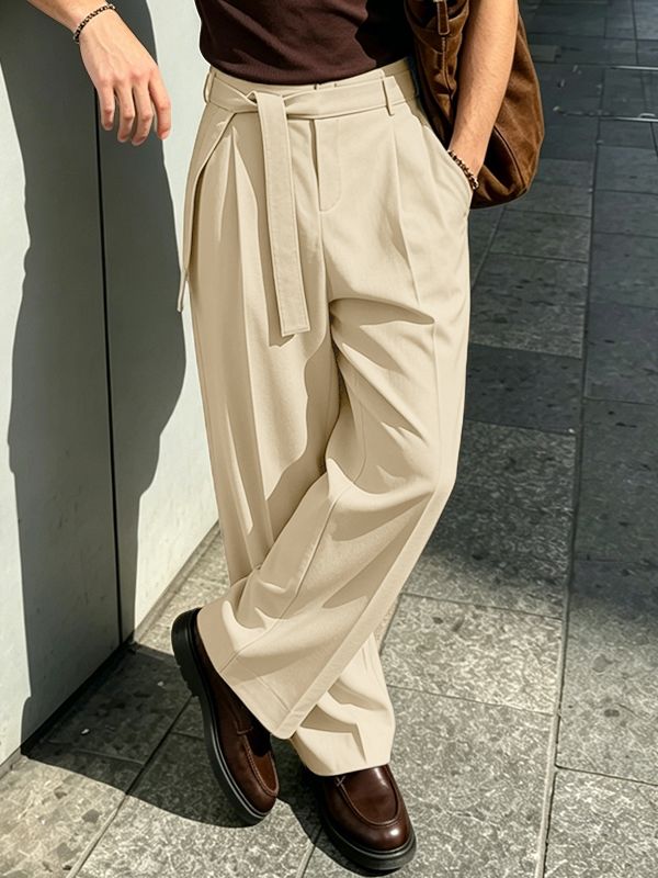 Men's Elegant Minimalist Tie Waist Pleated Draped Wide Leg Pant SKUL68483
