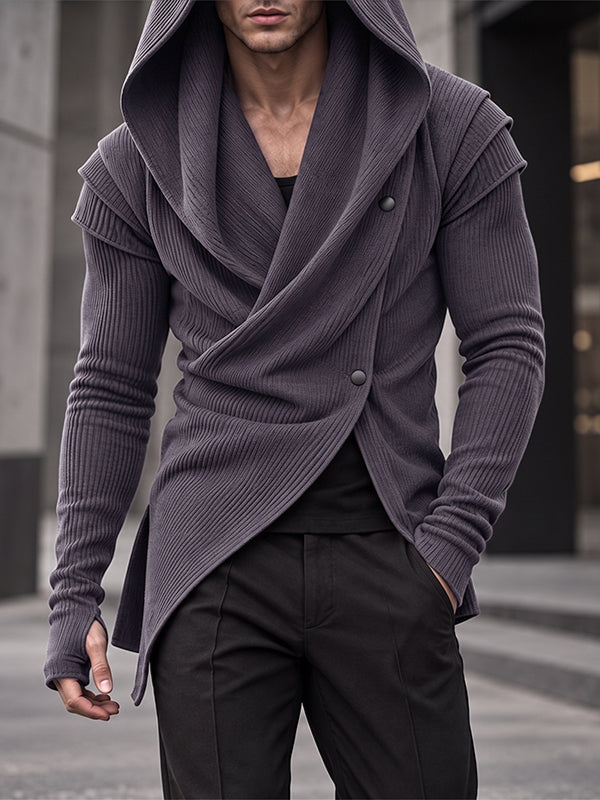 [Pre-order] Men's Avant-Garde Darkwear Nightclub Party Layered Shoulder Asymmetric Wrap Ribbed Cardigan SKUL88536