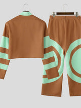 Men's Color Block Stand Collar Asymmetrical Placket Two Pieces Outfit SKUL42642