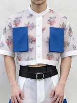 Men's Avant-Garde Floral Sheer Mesh Cropped Mandarin Collar Shirt SKUL60249