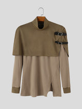 Men's Avant-Garde Buckle Strap Cape Overlay Asymmetric Hem Long Sleeve Mock Neck T-shirt SKUL82399