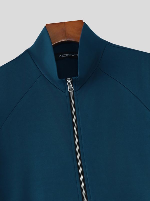 Men's Solid Color Double Zipper Design Short Sleeve Cardigan SKUL54066