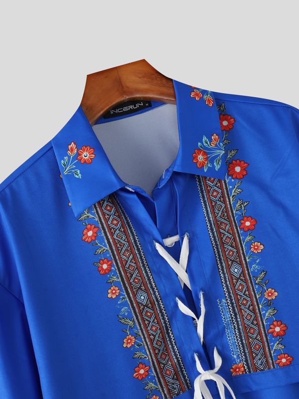 Men's Vintage Ethnic Floral Print Lace-Up Flap Overlay Boxy Short Sleeve Shirt SKUL58685