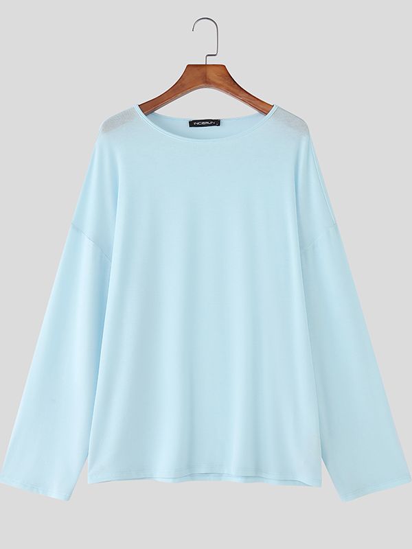 Men's Solid Color Loose Crew Neck Long Sleeve T-Shirt SKUL38549