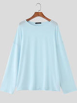 Men's Solid Color Loose Crew Neck Long Sleeve T-Shirt SKUL38549