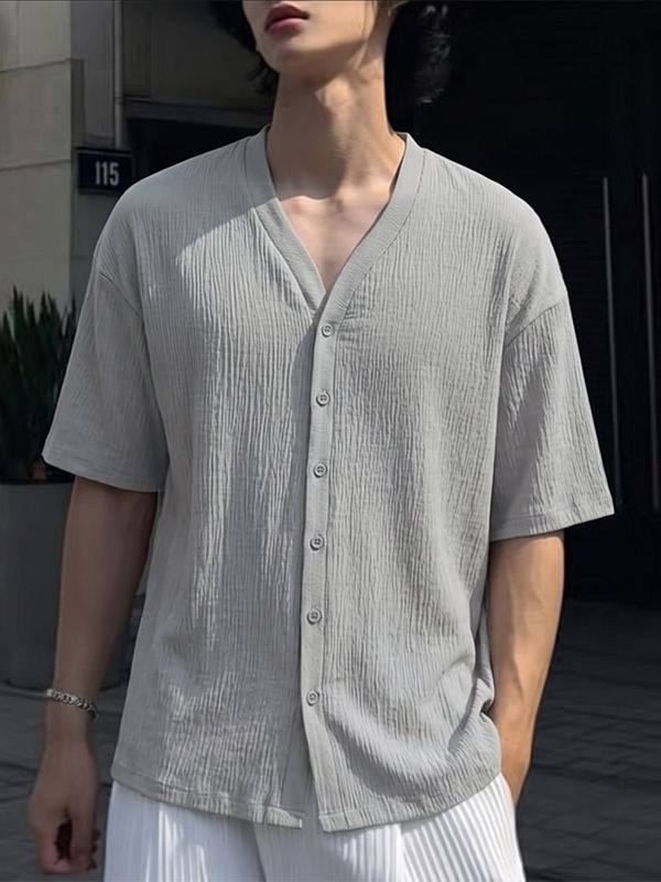 Men's Early Autumn Vacation Crinkle Texture Solid Button Down Short Sleeve Shirt SKUL81227
