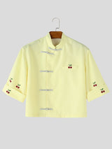 Men's Modern Chinese Mandarin Collar Frog Button Cherry Print Cropped Short Sleeve Shirt SKUL60983
