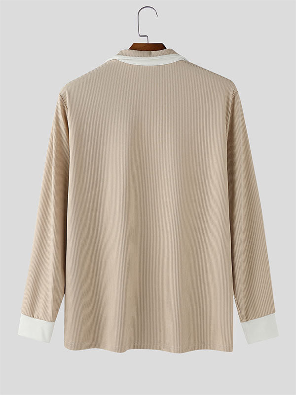 Men's Contrast Texture Lapel Long Sleeve Shirt SKUL26090
