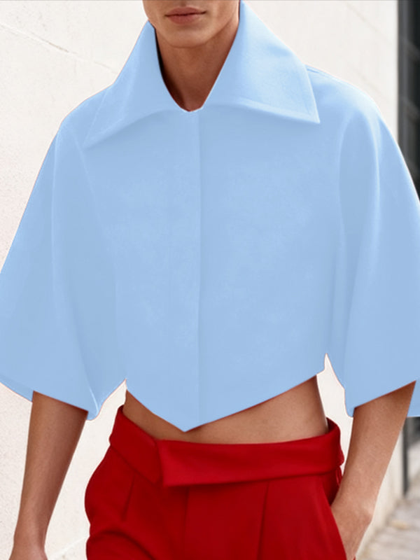 Men's Solid Color Wide Cuff Cropped Casual Shirt SKUL45372