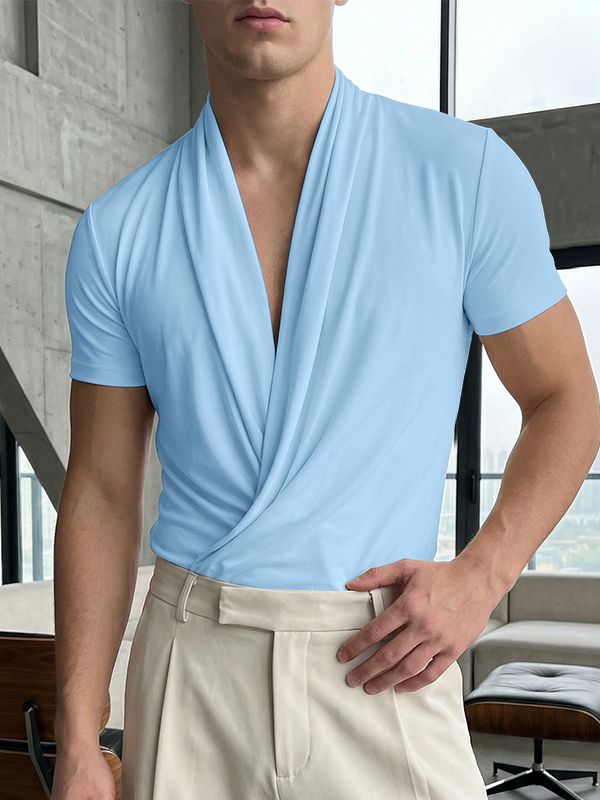 Men's Avant-Garde High Stretch Draped Ruched Cross Wrap Deep V-Neck Short Sleeve T-shirt SKUL61873