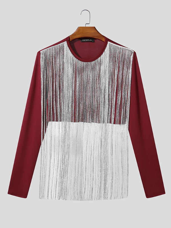 Men's Silver Tassel Patchwork Cropped Long Sleeve T-Shirt SKUL23924