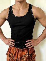 Men's Vintage Heavy Studded Eyelet O-Ring Ribbed Fitted Muscle Tank SKUL63008