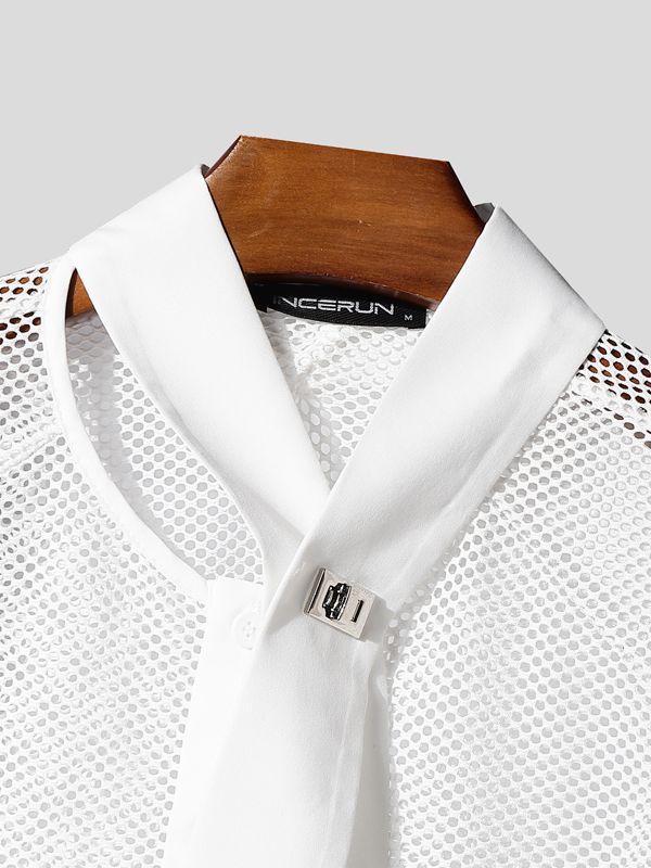Men's Sheer Mesh Short Sleeve Tie Shirt SKUL41659