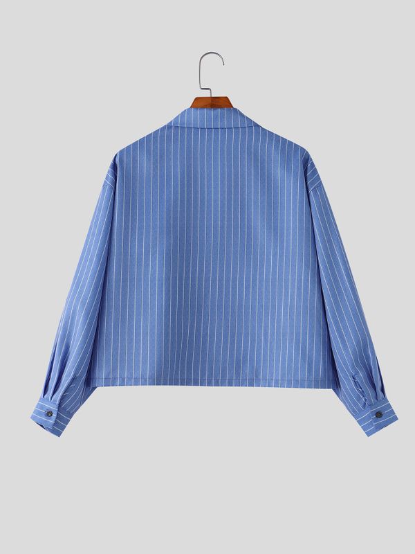 Men's Urban Retro Pinstripe Cuban Collar Boxy Cropped Long Sleeve Shirt SKUL76496