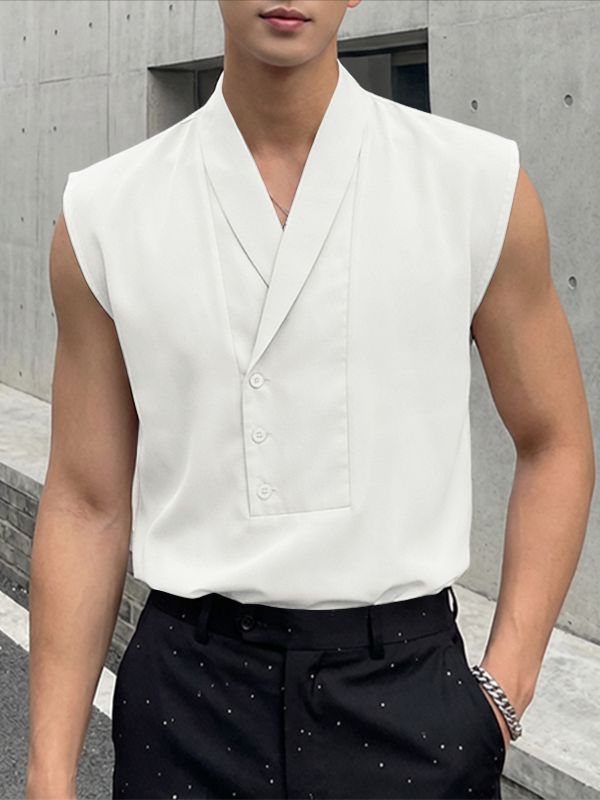 Men's Solid Color Lapel Button Tank SKUL56063