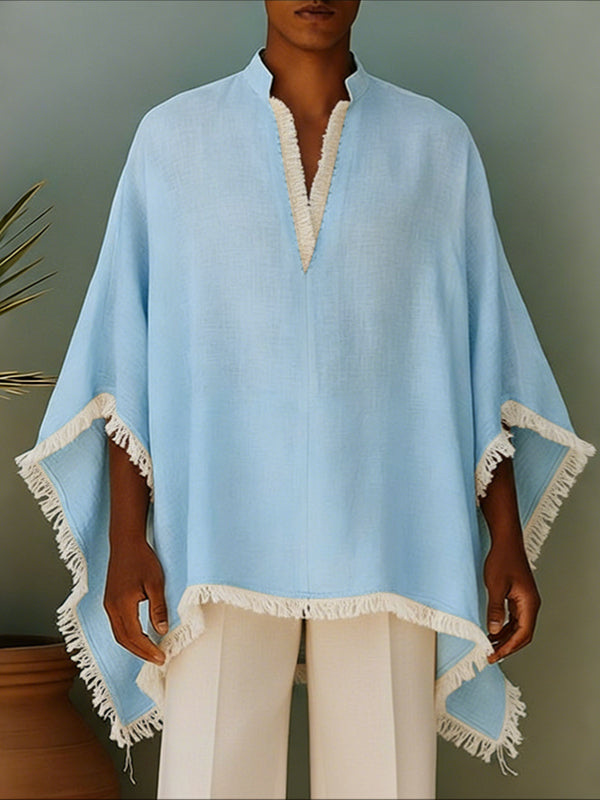 Men's Tassel Patchwork V Neck Long Sleeve T-shirt SKUL52014