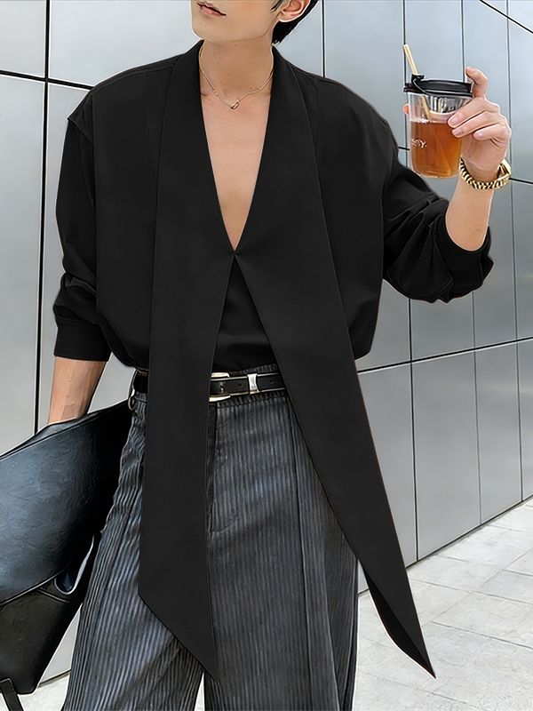 Men's Solid Color Ribbon Collar Long Sleeve Shirt SKUL56059