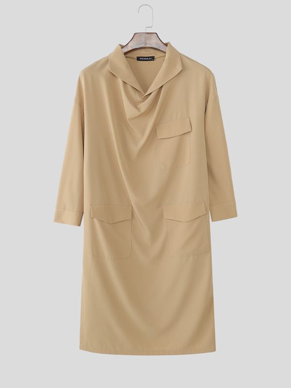 Men's 3D Pocket Draped Neck 3/4 Length Sleeve Shirt SKUL53234