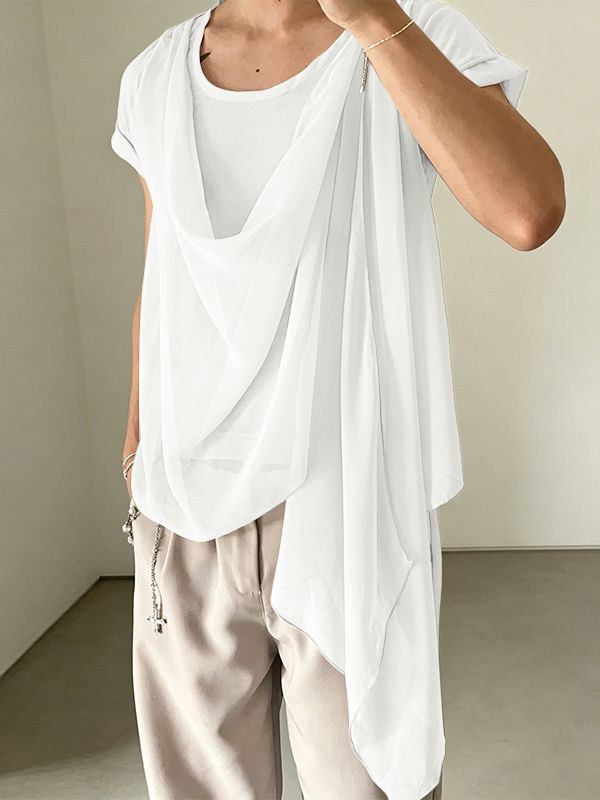 Men's Elegant Genderless Aesthetic Draped Asymmetric Fake Two Piece Chiffon T-shirt SKUL60126
