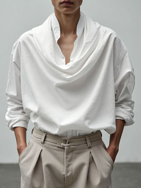 Men's Solid Color Cowl Neck Long Sleeve Shirt SKUL28173