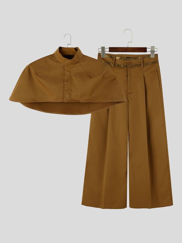 Men's Avant-Garde Deconstructed Stage Runway Stand Collar Cropped Capelet Wide-Leg Two Pieces Outfit SKUL85213