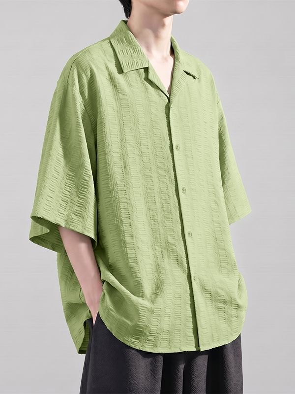 Men's Vintage Textured Drop Shoulder Cuban Collar Short Sleeve Shirt SKUL73655