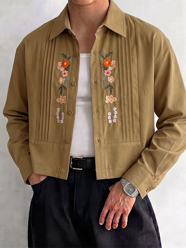 Men's Early Autumn Urban Casual Embroidered Pleated Cropped Long Sleeve Turn-Down Collar Shirt SKUL78974