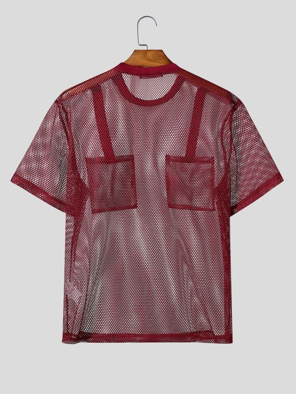 Men's Avant-Garde High Street Sheer Fishnet Mesh Button Detail Cargo Pocket T-shirt SKUL65245