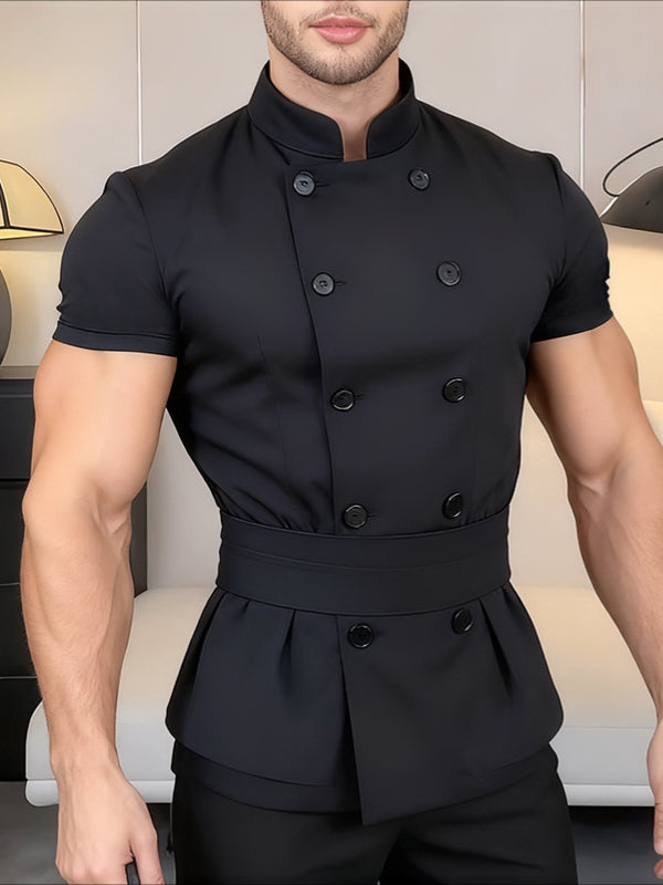 Men's Solid Waist Stand Collar Short Sleeve Shirt SKUL38952